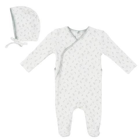 Boy Cherry Rib Faux Wrap Romper with Bonnet