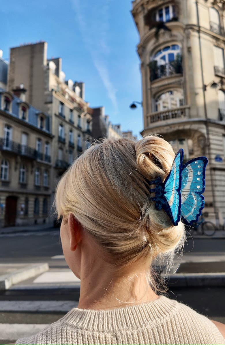 Solar Eclipse Hand-Painted Morpho Butterfly Claw Hair Clip, Alternate, color, Blue