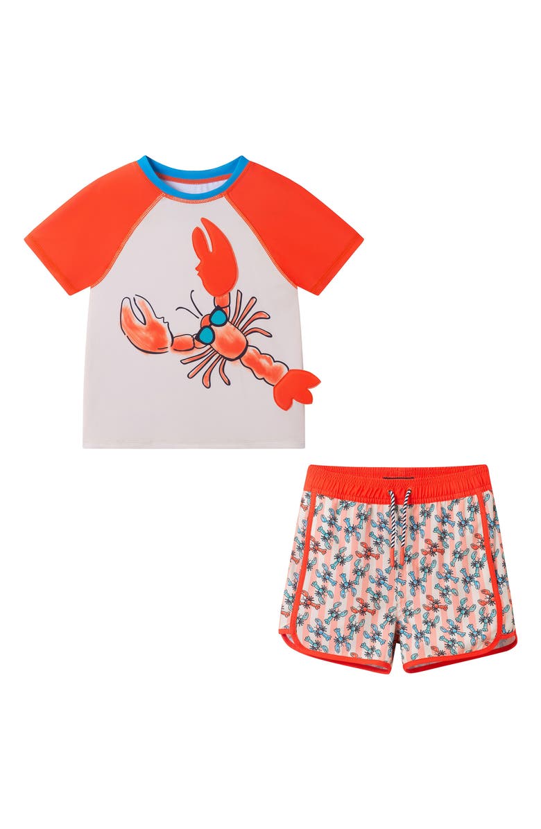 Andy & Evan Kids' Short Sleeve Rashguard & Swim Trunks Set, Main, color, Orange Lobster