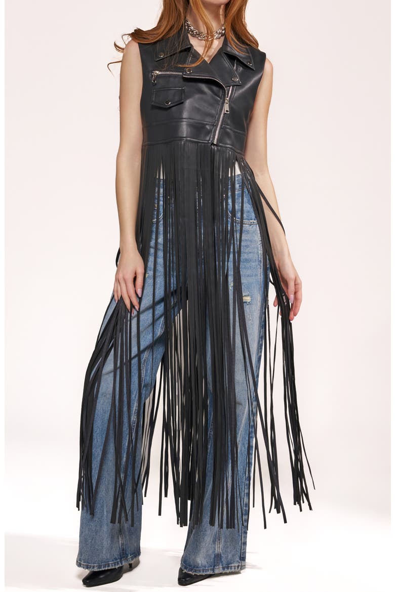 Arden Fringe Faux Leather Vest, Alternate, color, BLACK