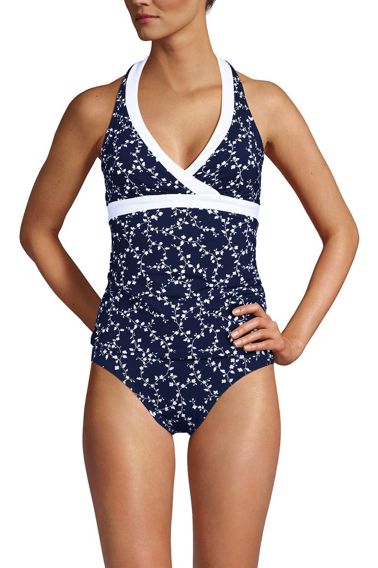Texture V-neck Halter Tankini Swimsuit Top, Main, color, Navy/White Flowering Vine