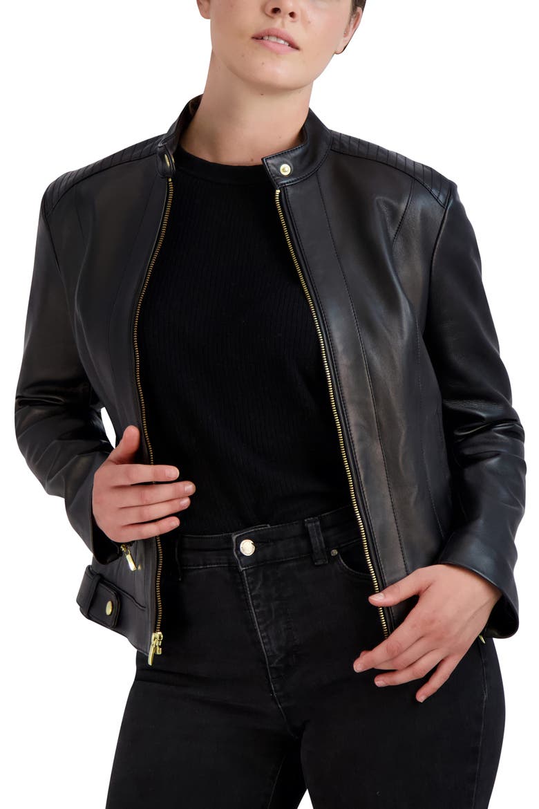 Racer Leather Jacket, Alternate, color, BLACK