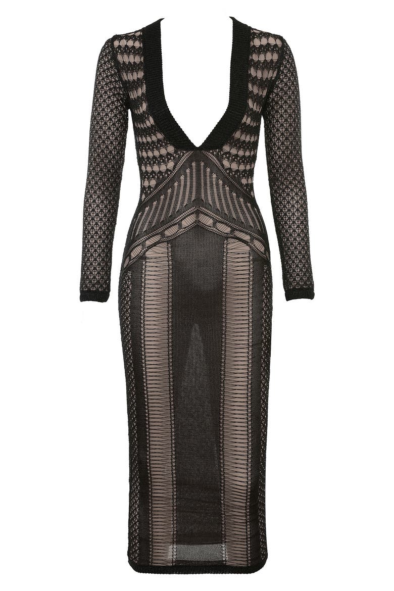 Louella Metallic Long Sleeve Body-Con Cocktail Dress, Alternate, color, BLACK