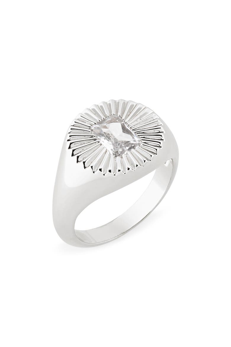 Ember Cubic Zirconia Sunburst Signet Ring, Main, color, SILVER