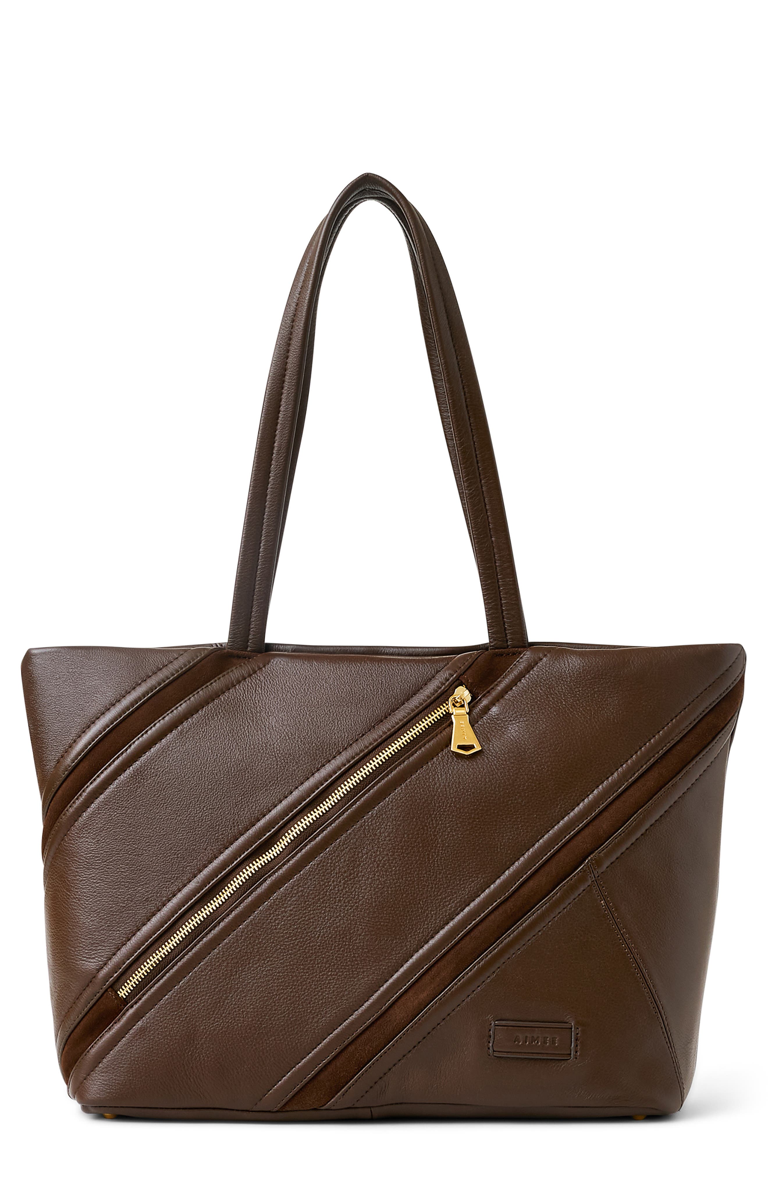 Avenue Top Zip Leather Tote, Main, color, FUDGE