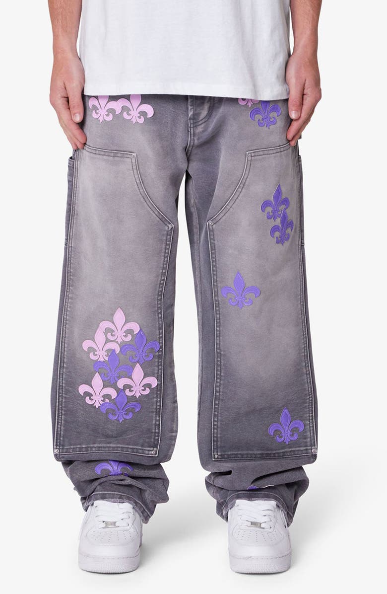 mnml Embroidered Fleurs de Lis Double Knee Ultra Baggy Jeans, Main, color, 