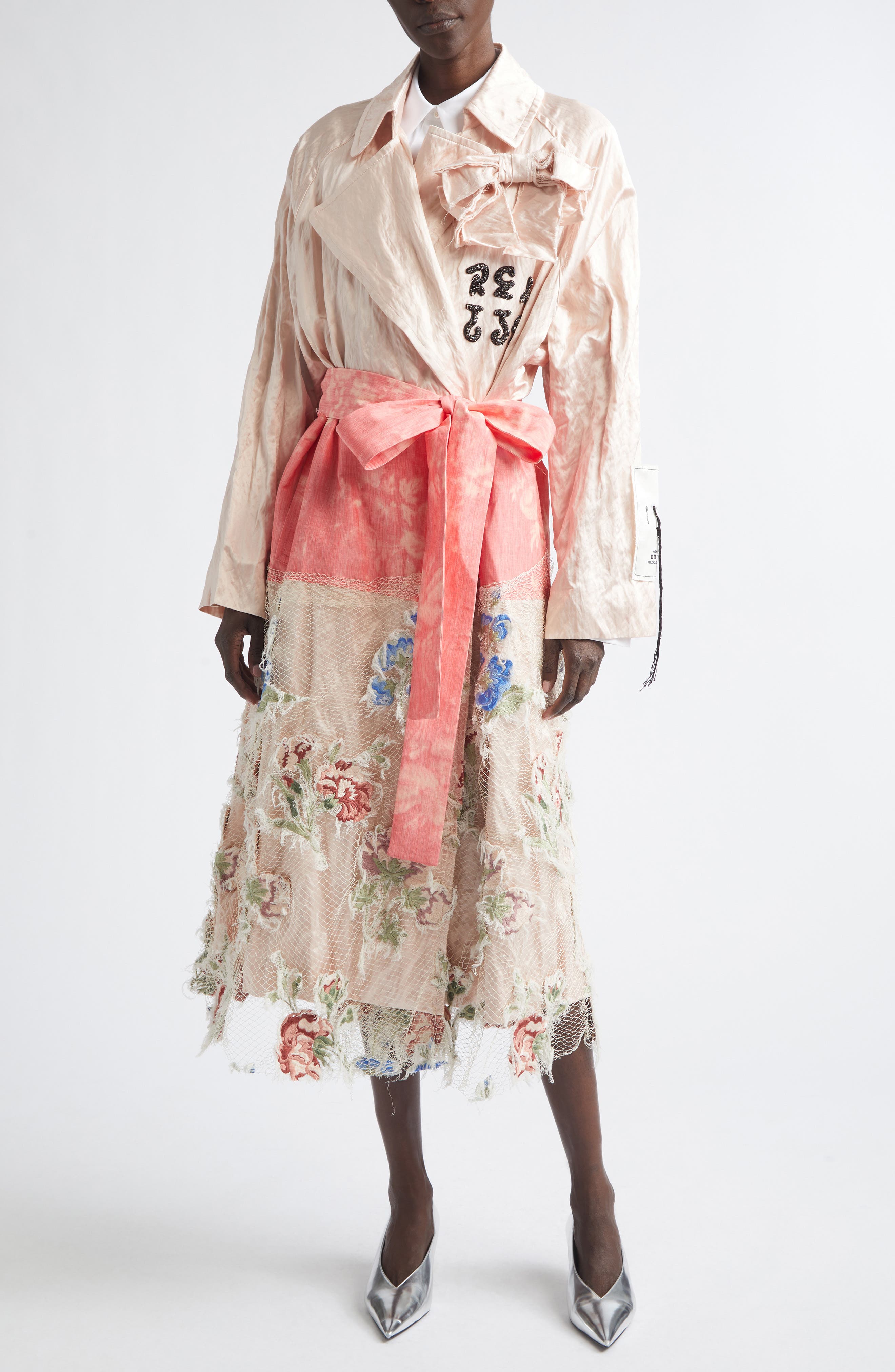 Embellished Textured Satin Trench Coat