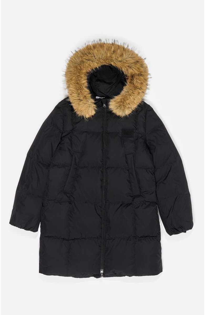 Bimba y Lola Tailored Down Coat With Fur Hood, Alternate, color, Black