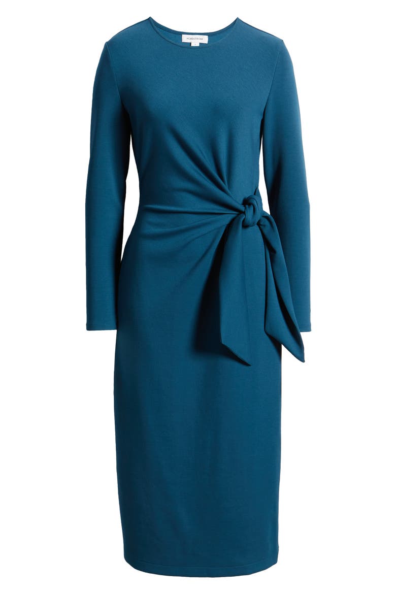 tie waist long sleeve knit midi dress Women's Elegant Mock Neck Long Sleeve Self Tie Waist Knit Midi Dress
