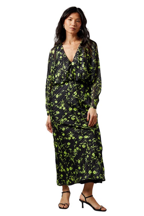 Warehouse Shadow Stripe Floral Batwing Midi Dress In Black