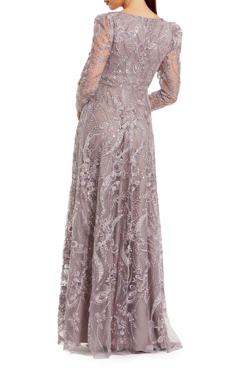 Mac Duggal Floral Embroidered V-Neck Long Sleeve Gown, Alternate, color, Vintage Lilac