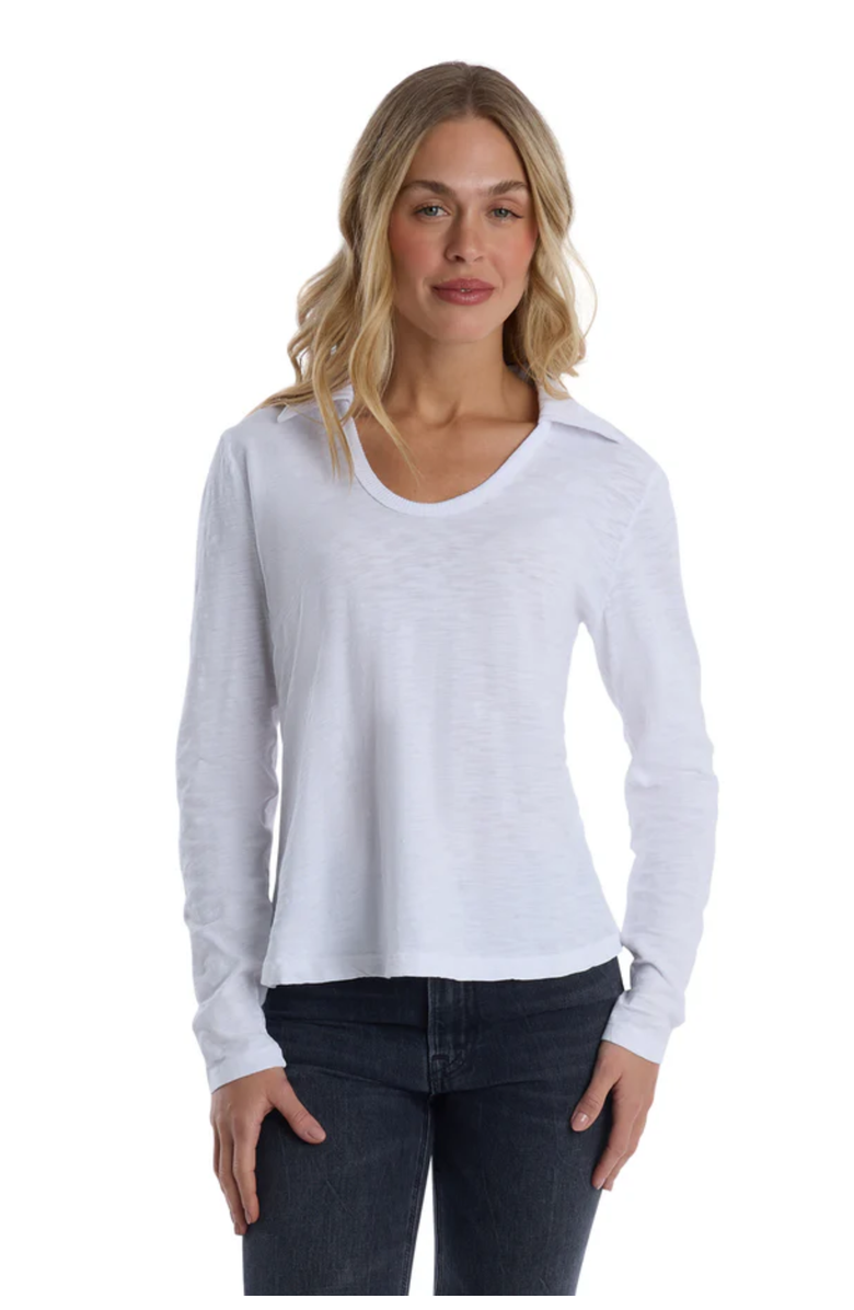 WILT Clothing Scoop Neck Long Sleeve Polo Tee with Round Hem, Alternate, color, White