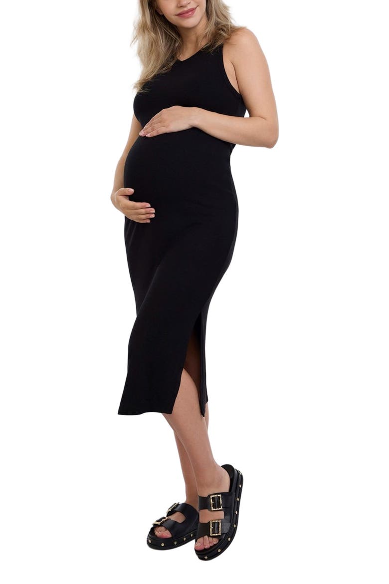 Crew Neck Sleeveless Racerback Maternity Midi Dress, Main, color, Black