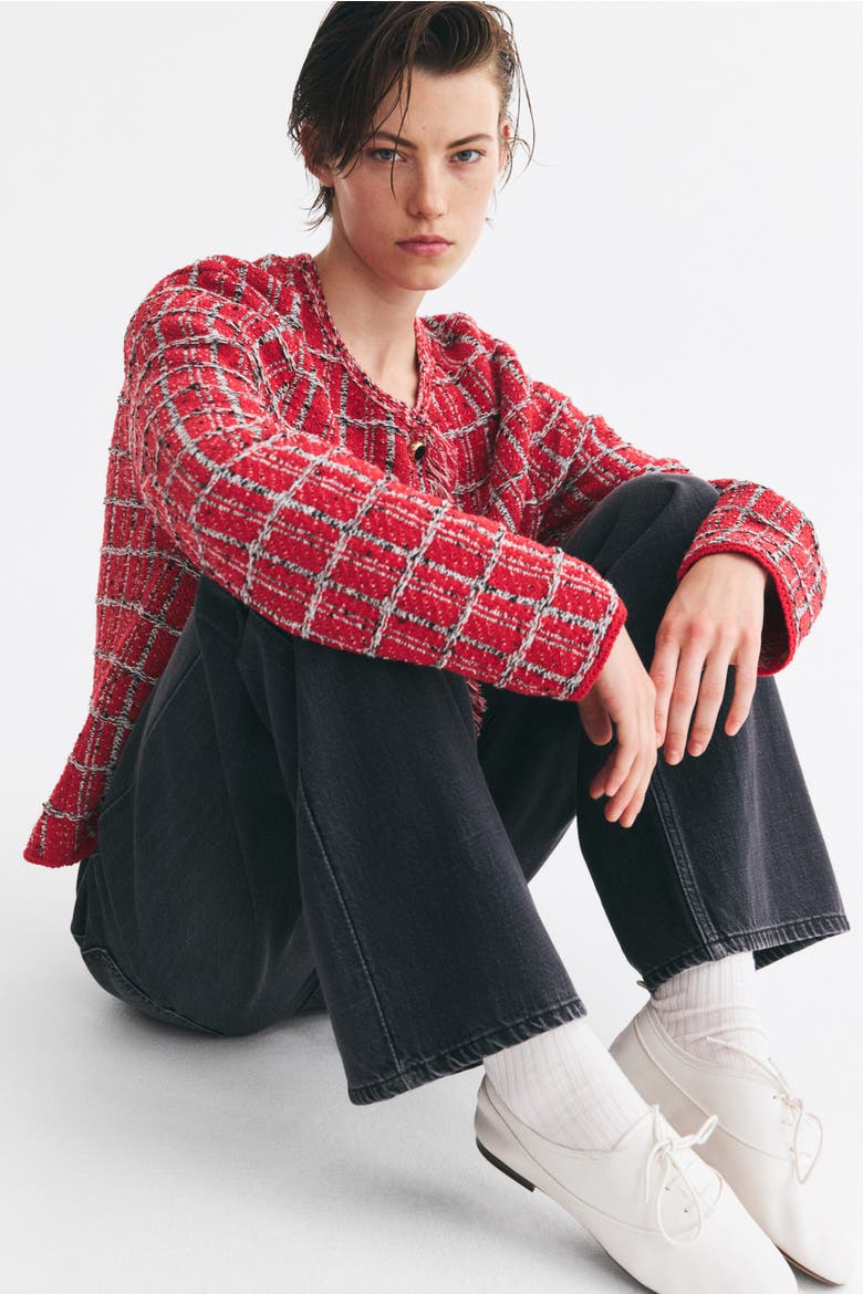 Frayed Jacquard-Knit Cardigan, Alternate, color, Red/patterned