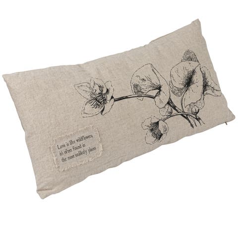 24 Inches Linen Blend Printed Lumbar Pillow with Saying Text, Flowers, and Bird Designs