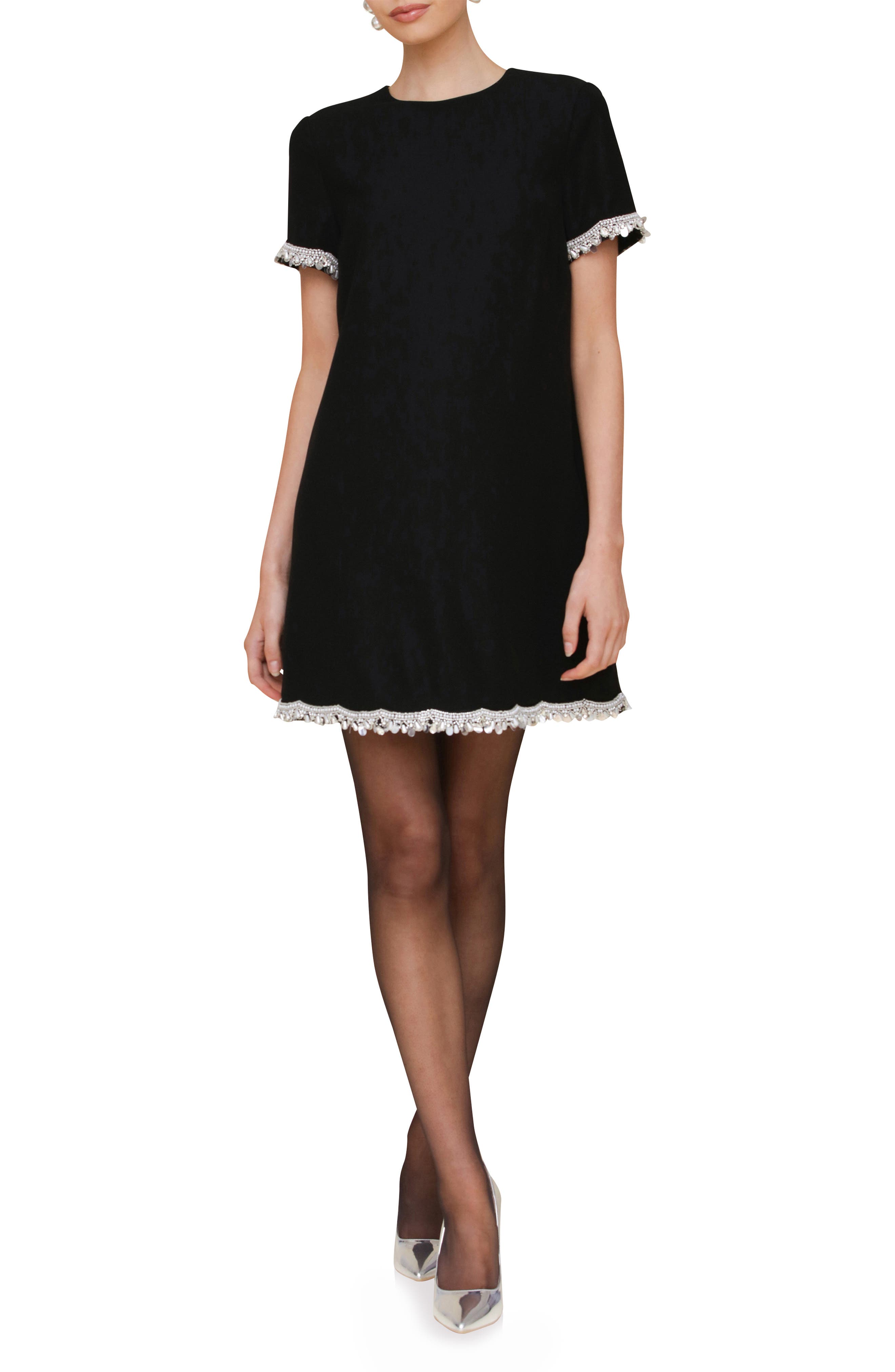 Avec Les Filles Scalloped Faux Pearl Trim Minidress in Black 