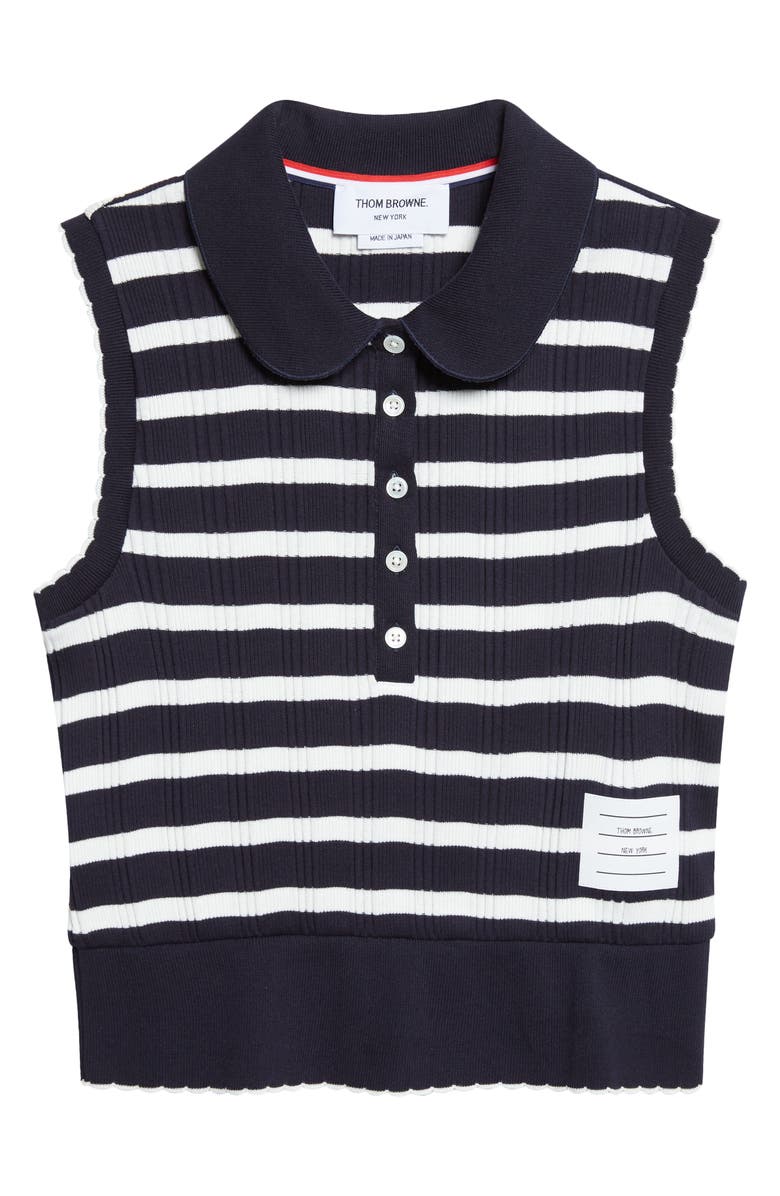 Thom Browne Stripe Scallop Edge Sleeveless Cotton Rib Polo, Main, color, Navy/ White