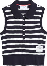 Thom Browne Stripe Scallop Edge Sleeveless Cotton Rib Polo
