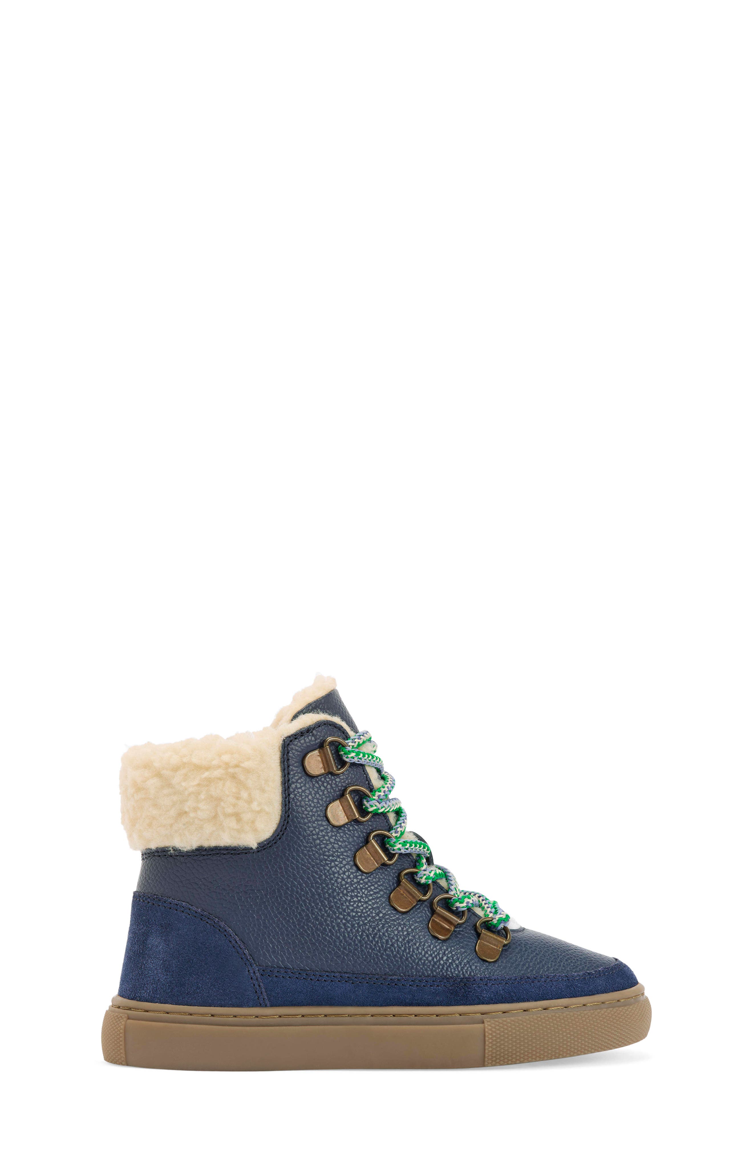 Boden Kids' Borg Faux Fur Lined Lace-Up Boot, Alternate, color, Navy