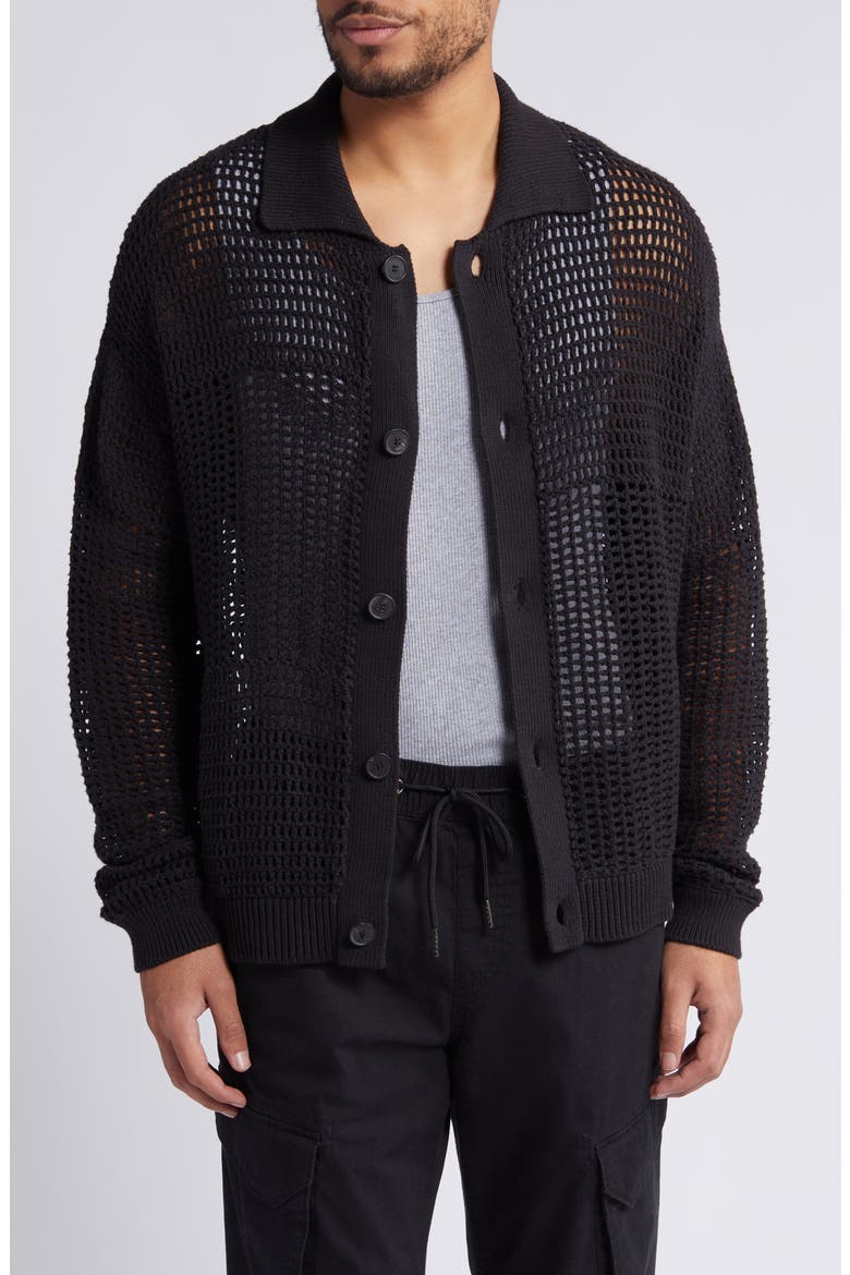 Mixed Open Stitch Cotton Cardigan, Main, color, BLACK