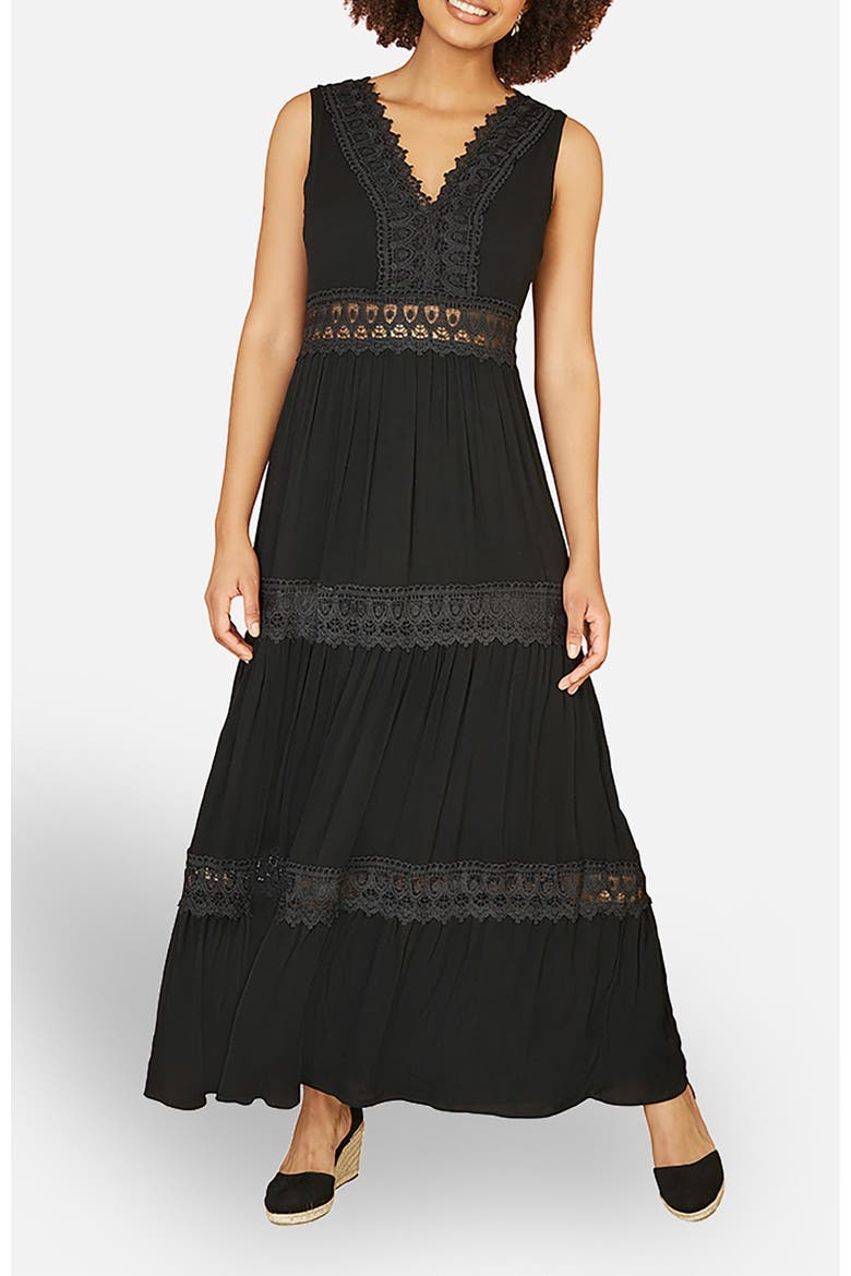 Lace Trim Cotton Maxi Sun Dress, Alternate, color, Black
