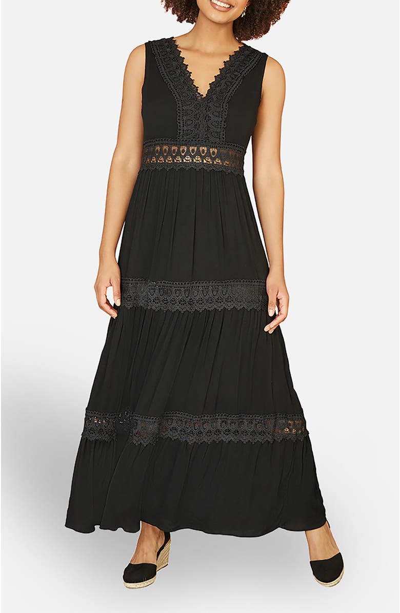 Yumi Lace Trim Cotton Maxi Sun Dress, Alternate, color, Black