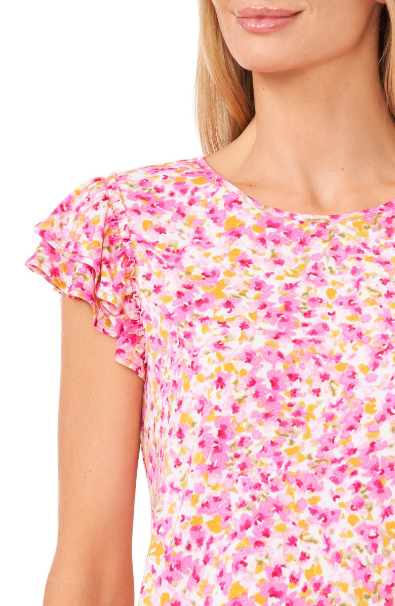 CeCe Floral Double Ruffle Sleeve Stretch Crepe Knit Top, Alternate, color, 