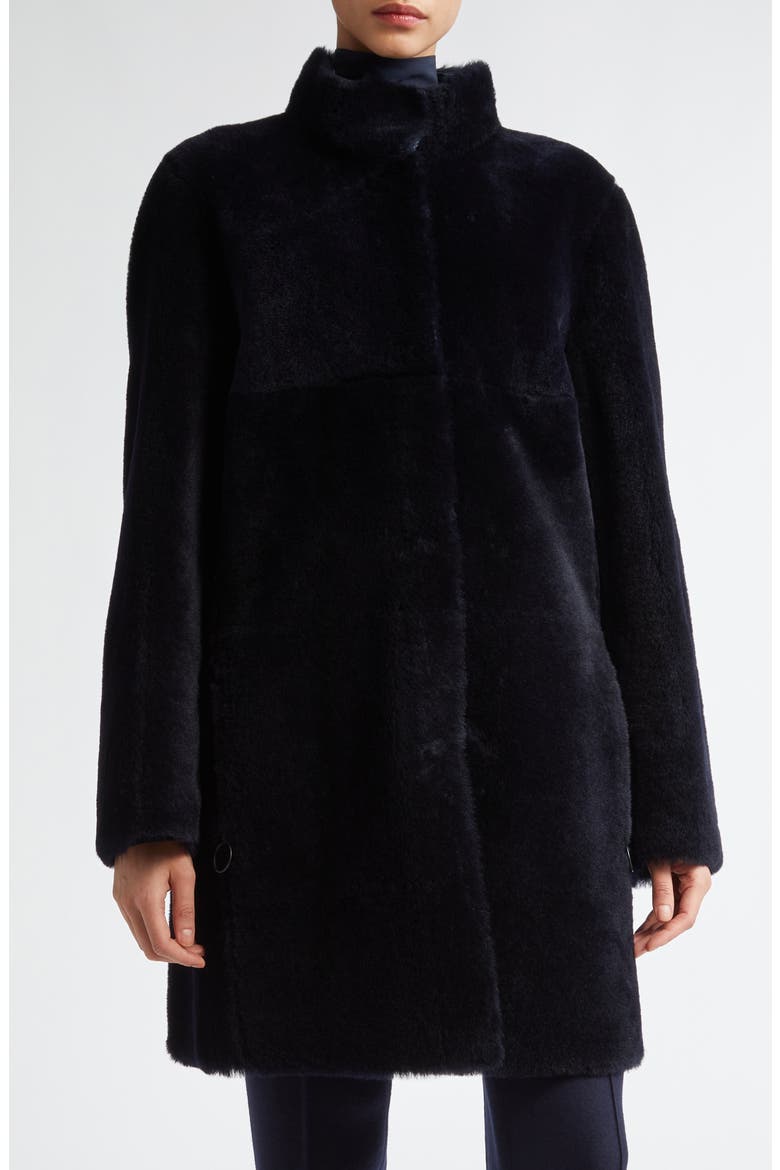 Reversible Genuine Shearling & Leather Coat, Main, color, NAVY