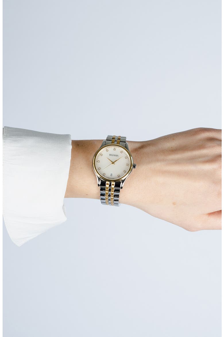 Beleganza Mother-of-Pearl & Diamond Two-Tone Bracelet Watch, 32mm, Alternate, color, STAINLESS STEEL/YELLOW GOLD