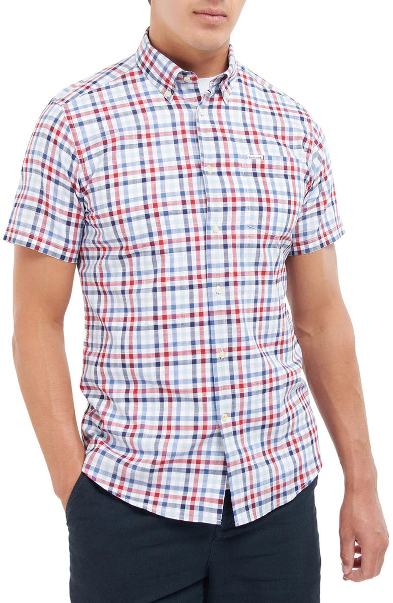 Barbour Kinson Tailored Fit Short Sleeve Button-Down Shirt, Main, color, Red