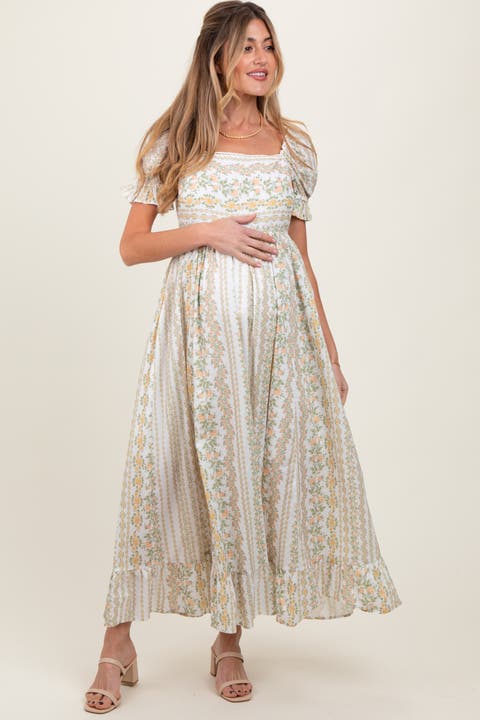 Floral Puff Sleeve Lace Trim Maxi Dress