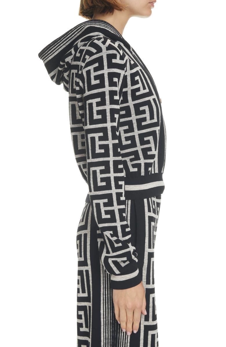 Balmain Monogram Crop Merino Wool & Linen Blend Hoodie, Alternate, color, 
