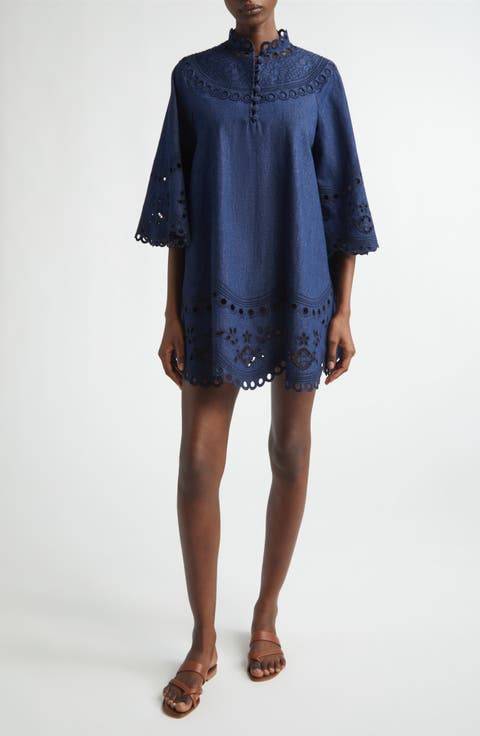 Mohan Broderie Anglaise Trim Denim Minidress (Regular & Petite)