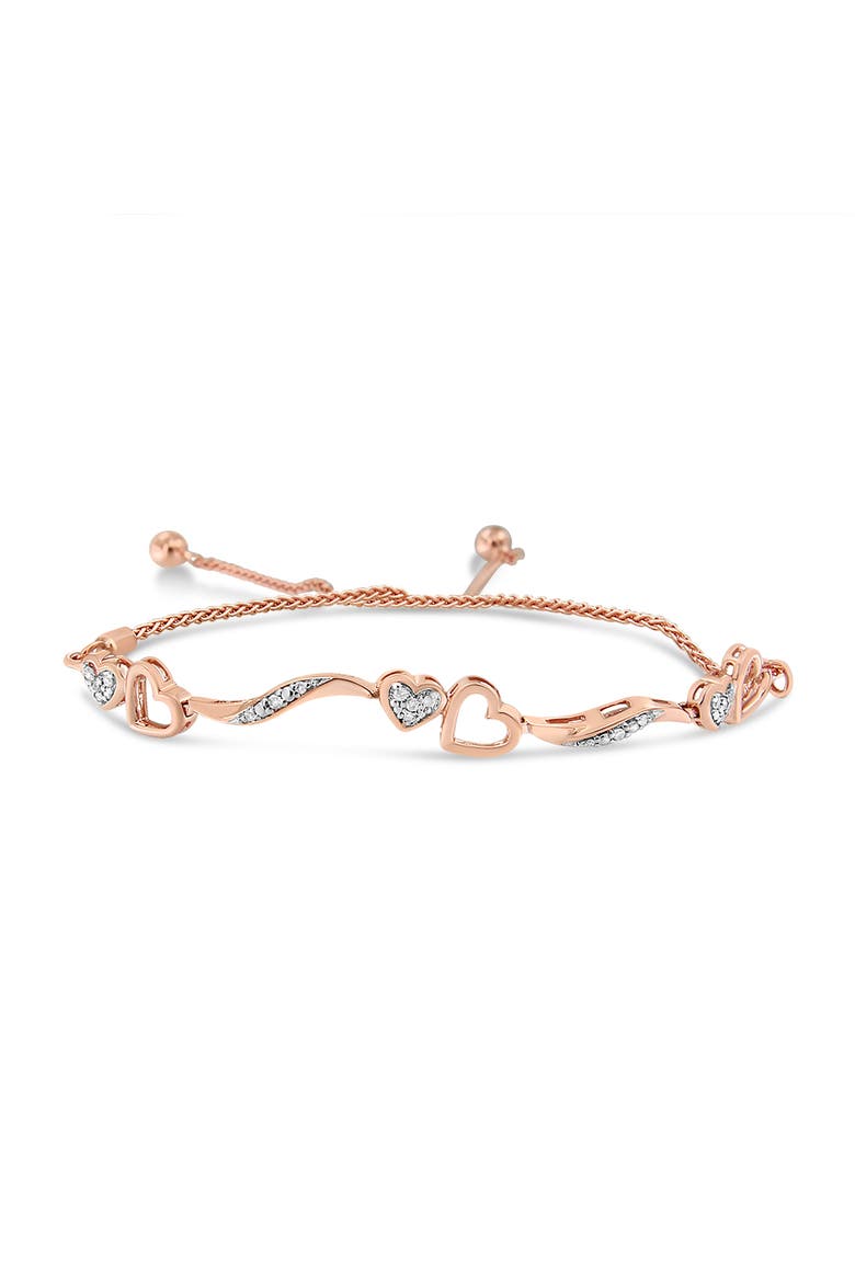 Silver 1/10 Cttw Diamond Wave and Hearts Adjustable Bolo Bracelet, Main, color, Rose Gold over Silver
