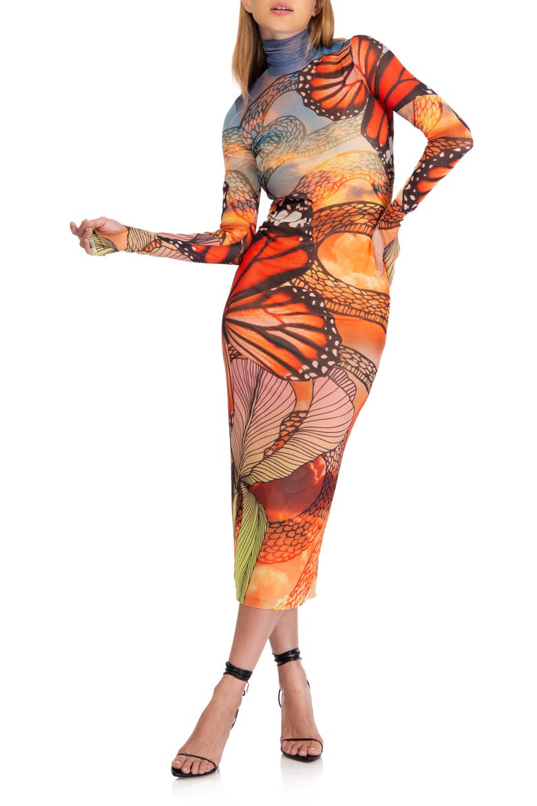 Shailene Long Sleeve Mesh Midi Dress, Alternate, color, BUTTERFLY