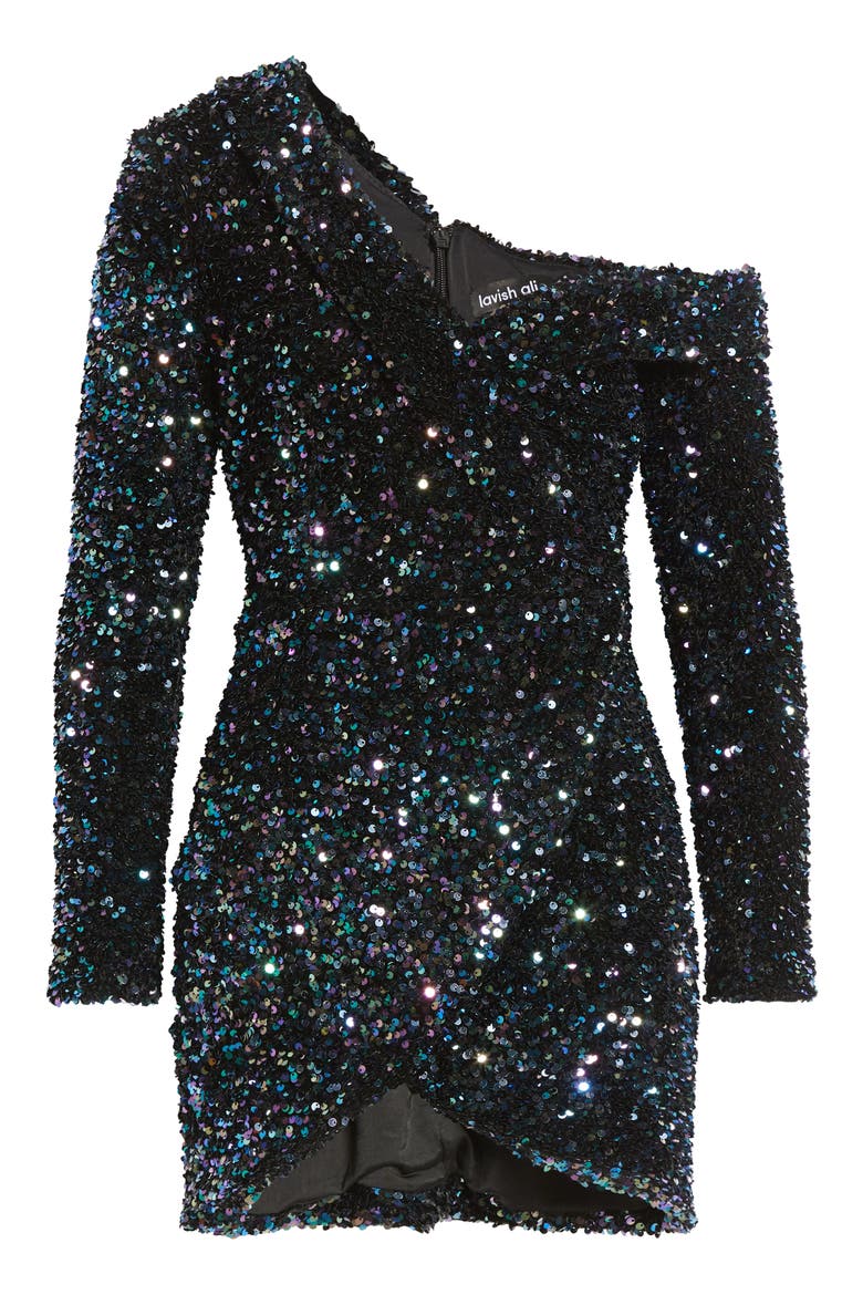 One-Shoulder Long Sleeve Sequin Cluster Velvet Cocktail Dress, Alternate, color, IRRIDESCENT BLUE