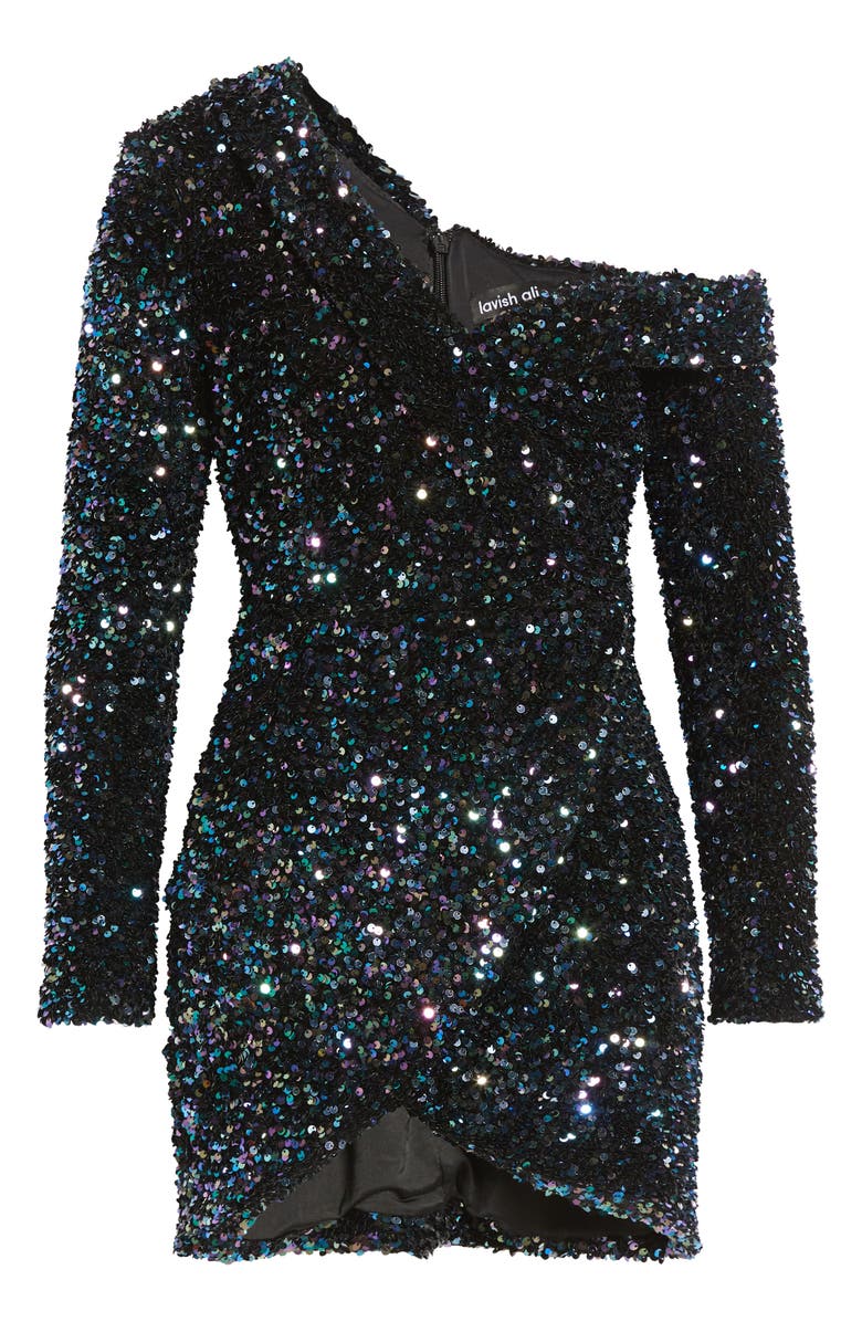 Lavish Alice One-Shoulder Long Sleeve Sequin Cluster Velvet Cocktail Dress, Alternate, color, 