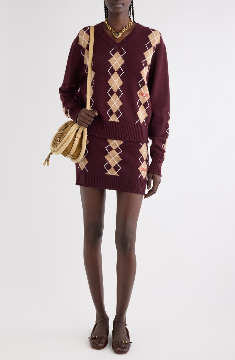 Chloé Argyle Wool & Cashmere V-Neck Sweater, Alternate, color, Burgundy