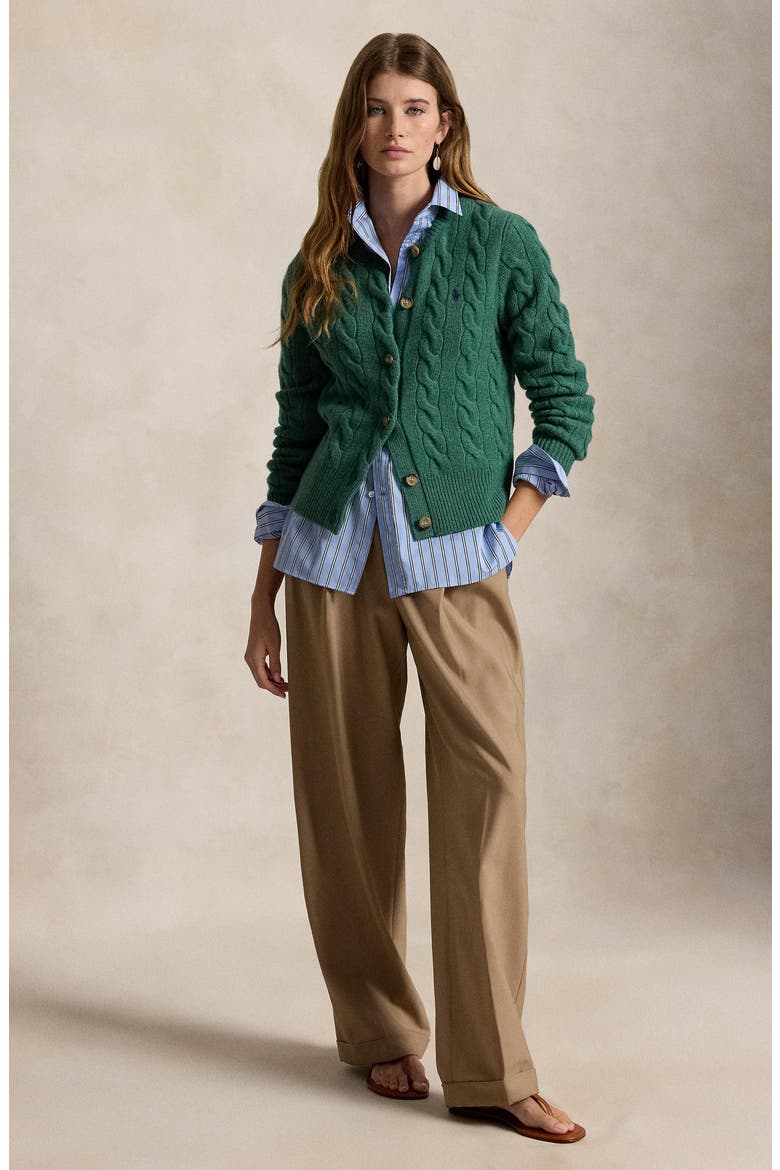 Cable Knit Wool & Cashmere Cardigan, Alternate, color, CLOVER GREEN HEATHER