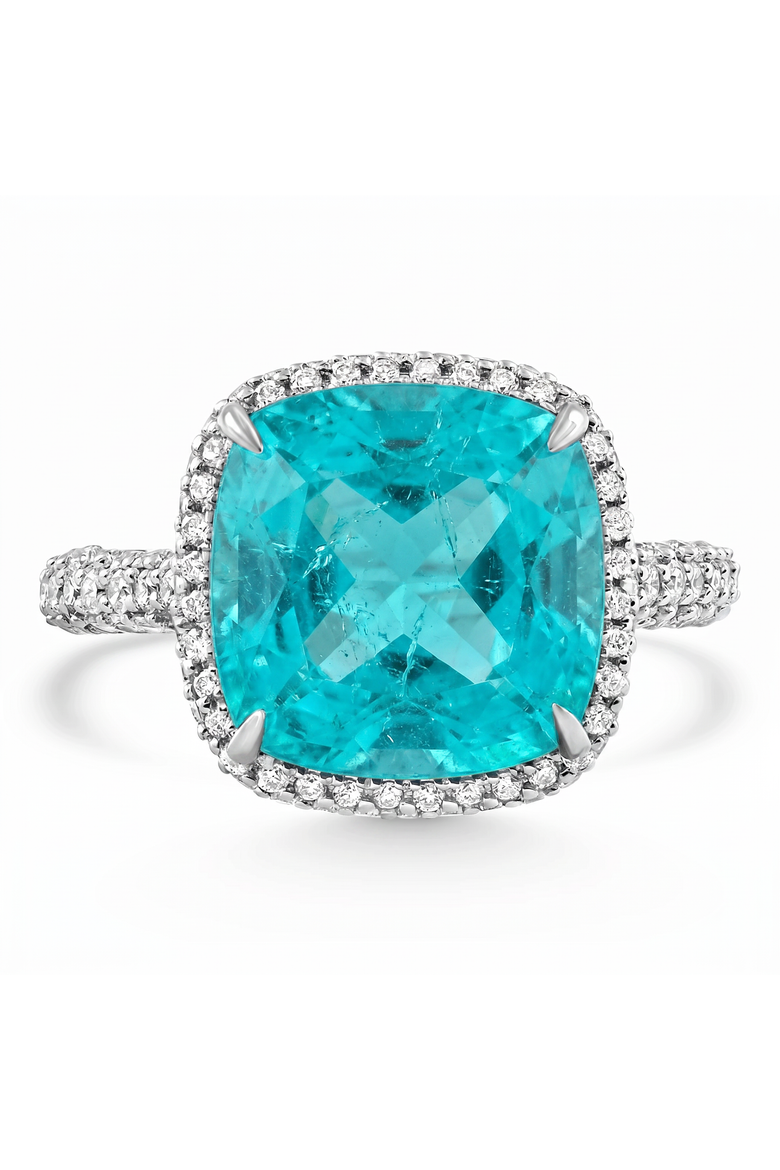 9.50Ct TW Cushion Paraíba & Pave Diamond Ring 14k Gold Lab Grown, Main, color, 14k White Gold