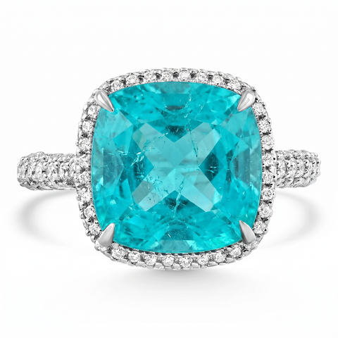 9.50Ct TW Cushion Paraíba & Pave Diamond Ring 14k Gold Lab Grown