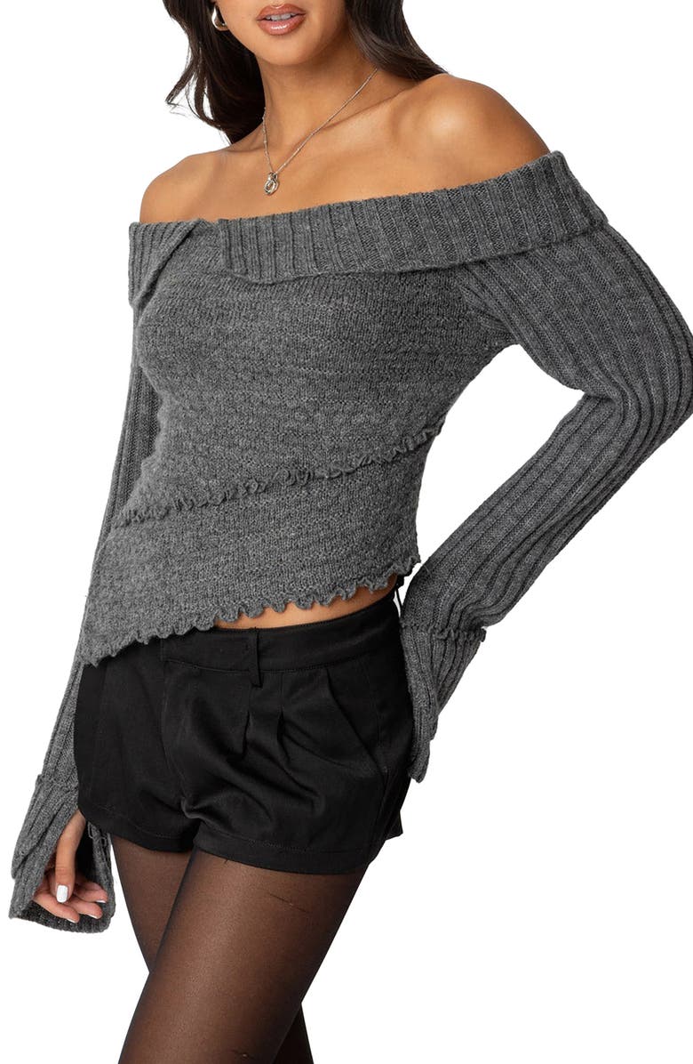 EDIKTED Mikkie Asymmetric Foldover Sweater, Alternate, color, Dark-Gray