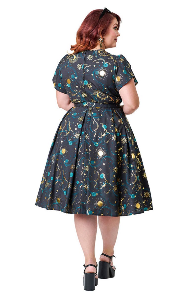 Unique Vintage Plus Size Short Petal Sleeve Tie Neck Dahlia Swing Dress, Alternate, color, Black & Gold Galaxy