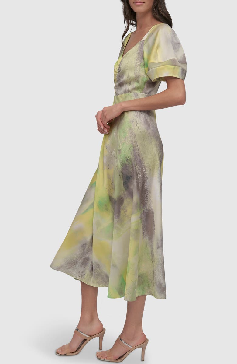 DKNY Ruched Printed Satin Midi Dress, Alternate, color, Watercolor Hues