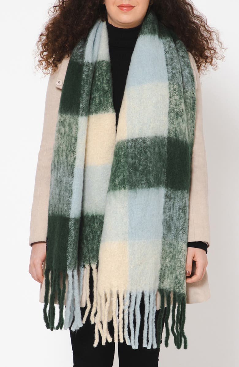 Vismaya Buffalo Check Wool Blend Fringe Scarf, Main, color, Beige Olive