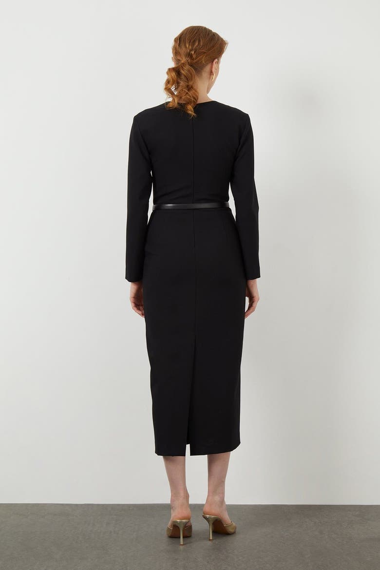 Belted V-Neck Midi Pencil Dress, Alternate, color, Black