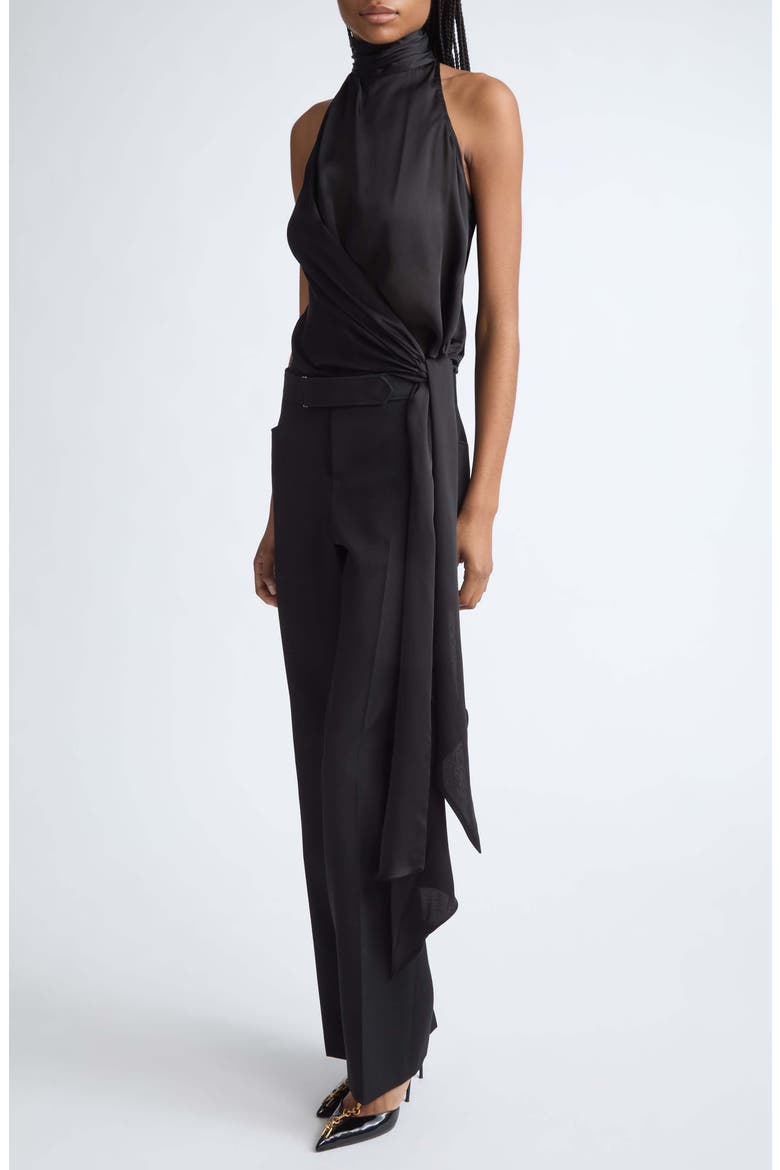 Bow Detail Silk Halterneck Shell, Alternate, color, 0PA BLACK