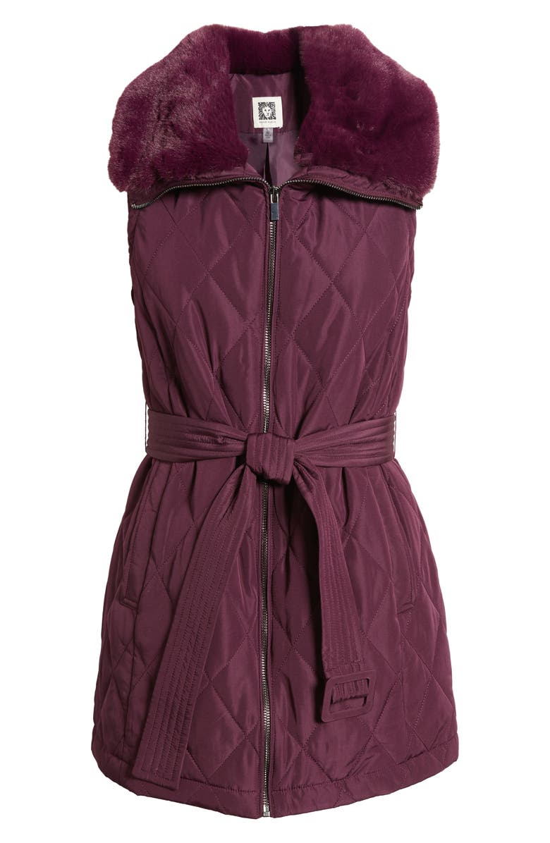 Anne Klein Belted Zip Front Quilted Vest with Faux Fur Collar, Alternate, color, 