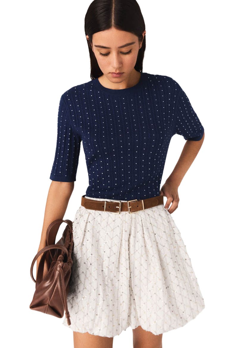 Round-neck rhinestone sweater, Main, color, Navy
