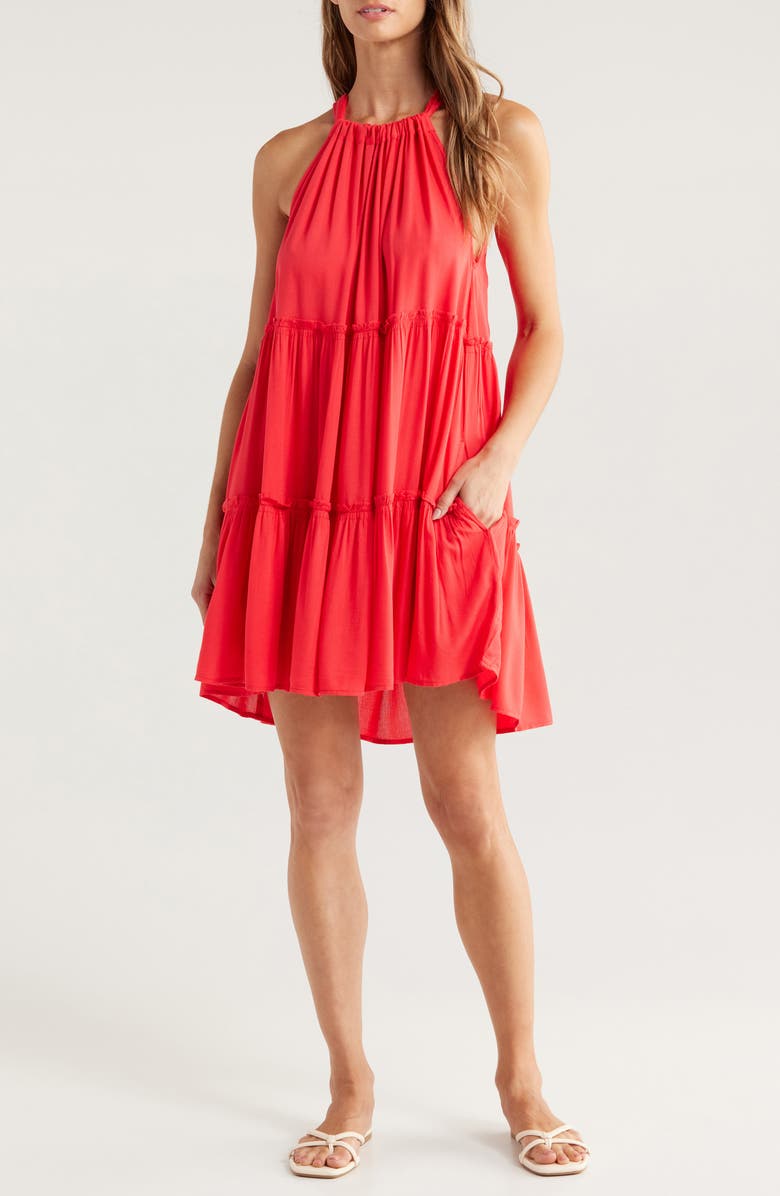 Elan Ruched Tiered Cover-Up Swing Dress, Main, color, Red Coral